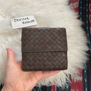Bottega Veneta Brown Woven Leather Short Button Square Compact Wallet Nappa